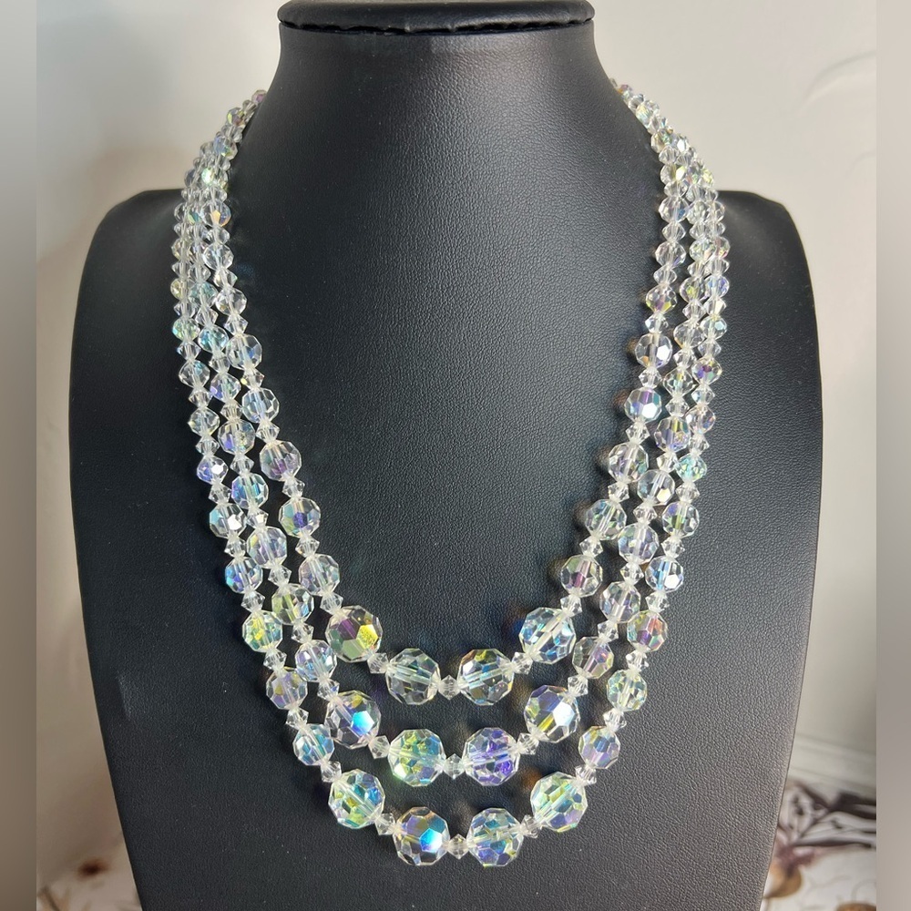 Vintage Triple Stranded Aurora Borealis Glass Bead Necklace 20” D15